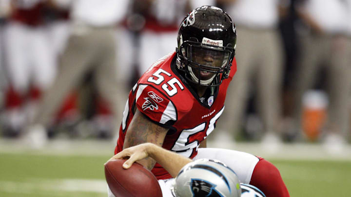 Atlanta Falcons defensive end John Abraham is second all-time in team history in sacks (68.5).