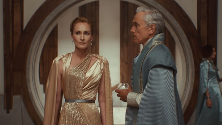 (L-R) Mon Mothma (Genevieve O'Reilly) and Tay Kolma (Ben Miles) in Lucasfilm's Star Wars ANDOR Season 2, exclusively on Disney+. Photo courtesy of Lucasfilm. ©2025 Lucasfilm Ltd. & TM. All Rights Reserved.