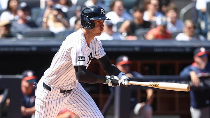 Aug 9, 2025; Bronx, New York, USA; New York Yankees left fielder Cody Bellinger (35) hits a single in the first inning against the Houston Astros at Yankee Stadium. Mandatory Credit: Wendell Cruz-Imagn Images Aug 9, 2025; Bronx, New York, USA; New York Yankees left fielder Cody Bellinger (35) hits a single in the first inning against the Houston Astros at Yankee Stadium. Mandatory Credit: Wendell Cruz-Imagn Images