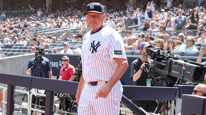 Aug 9, 2025; Bronx, New York, USA;  Former New York Yankees pitcher Roger Clemens during the Old Timer’s Day Ceremony at Yankee Stadium. Mandatory Credit: Wendell Cruz-Imagn Images