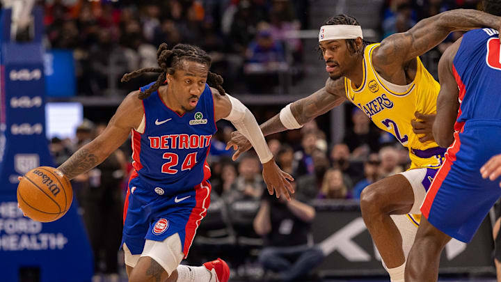 Mar 23, 2026; Detroit, Michigan, USA; Detroit Pistons Daniss Jenkins (24) moves the ball up court next to Los Angeles Lakers Jarred Vanderbilt (2) during the second half at Little Caesars Arena. Mandatory Credit: David Reginek-Imagn Images Mar 23, 2026; Detroit, Michigan, USA; Detroit Pistons Daniss Jenkins (24) moves the ball up court next to Los Angeles Lakers Jarred Vanderbilt (2) during the second half at Little Caesars Arena. Mandatory Credit: David Reginek-Imagn Images