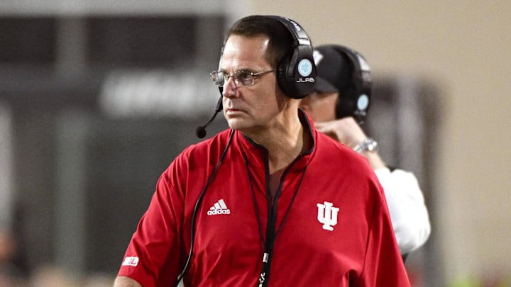 Oct 18, 2025; Bloomington, Indiana, USA; Indiana Hoosiers head coach Curt Cignetti walks along the sideline during the second half against the Michigan State Spartans at Memorial Stadium. 