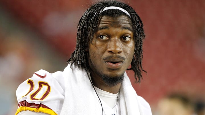 Aug 28, 2014; Tampa, FL, USA; Washington Redskins quarterback Robert Griffin III (10) against the Tampa Bay Buccaneers during the second half at Raymond James Stadium. Washington Redskins defeated the Tampa Bay Buccaneers 24-10. Mandatory Credit: Kim Klement-Imagn Images