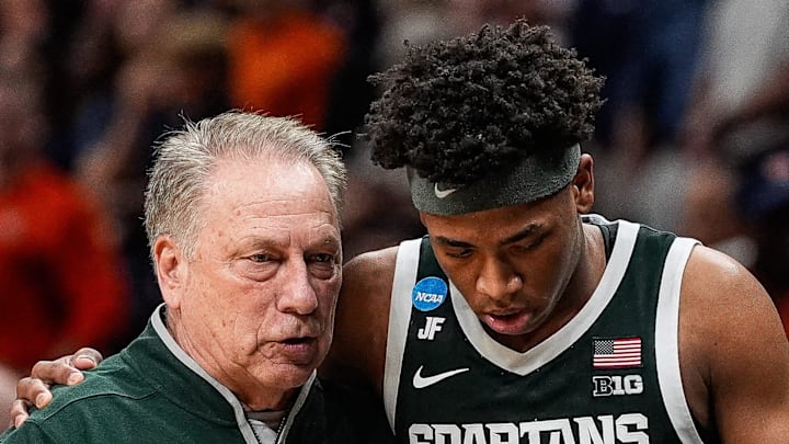 Michigan State head coach Tom Izzo talks to guard Jeremy Fears Jr. (1) after a play against Auburn during the second half of the Elite Eight round of NCAA tournament at State Farm Arena in Atlanta, Ga. on Sunday, March 30, 2025.