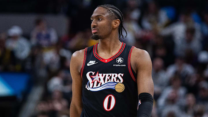 Apr 10, 2026; Indianapolis, Indiana, USA; Philadelphia 76ers guard Tyrese Maxey (0)  in the second half against the Indiana Pacers at Gainbridge Fieldhouse. Mandatory Credit: Trevor Ruszkowski-Imagn Images