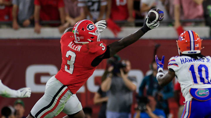 Georgia Bulldogs linebacker CJ Allen (3) breaks up a pass intended for Florida Gators wide receiver Tank Hawkins (10) during the fourth quarter of an NCAA college football matchup Saturday, Nov. 2, 2024 at EverBank Stadium in Jacksonville, Fla. The Georgia Bulldogs defeated the Florida Gators 34-20. [Corey Perrine/Florida Times-Union]