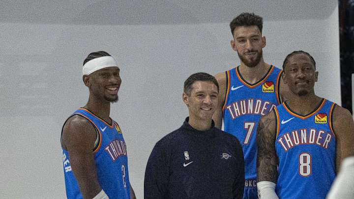 Sep 29, 2025; Oklahoma City, OK, USA; Oklahoma City Thunder guard Shai Gilgeous-Alexander (2), head coach Mark Daigneault, forward Chet Holmgren (7) and forward Jalen Williams (8) poses for a photo during the 2025 Oklahoma City Thunder media day at Paycom Center. Mandatory Credit: Alonzo Adams-Imagn Images