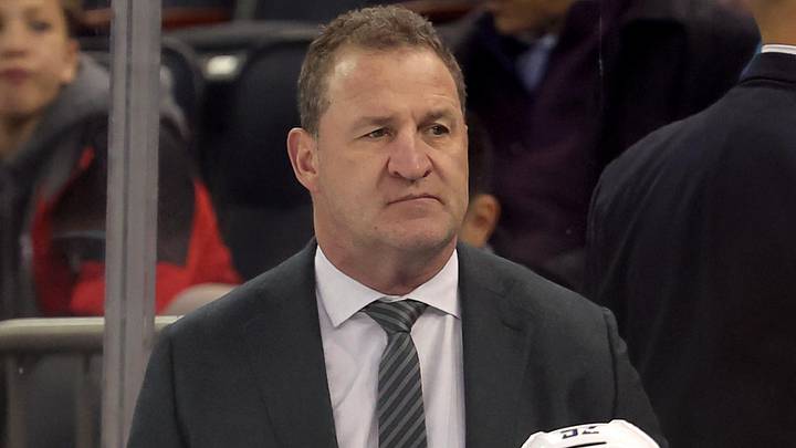 Dec 16, 2025; New York, New York, USA; Vancouver Canucks head coach Adam Foote coaches against the New York Rangers during the first period at Madison Square Garden. Mandatory Credit: Brad Penner-Imagn Images