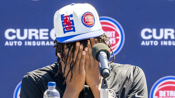 Jun 24, 2022; Detroit, Michigan, USA; Jaden Ivey gets emotional during the Detroit Pistons 2022 NBA Draft Introductory Press Conference. Mandatory Credit: Raj Mehta-Imagn Images