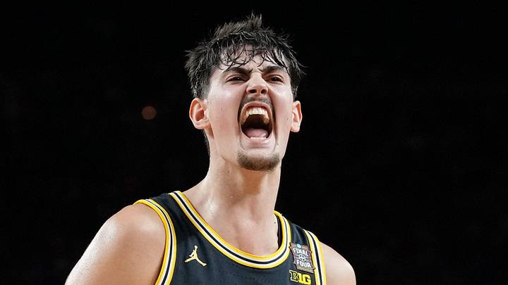 Apr 4, 2026; Indianapolis, IN, USA; Michigan Wolverines center Aday Mara (15) reacts after a play against the Arizona Wildcats during the first half in a semifinal of the Final Four of the men's 2026 NCAA Tournament at Lucas Oil Stadium. Mandatory Credit: Bob Donnan-Imagn Images