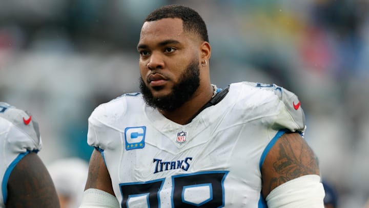 Dec 29, 2024; Jacksonville, Florida, USA; Tennessee Titans defensive tackle Jeffery Simmons (98) heads to the locker room for half time against the Jacksonville Jaguars at EverBank Stadium. Mandatory Credit: Morgan Tencza-Imagn Images
