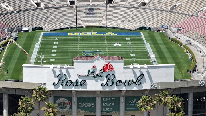 May 2, 2026; Pasadena, CA, USA; A general overall aerali view of the Rose Bowl. Mandatory Credit: Kirby Lee-Imagn Images