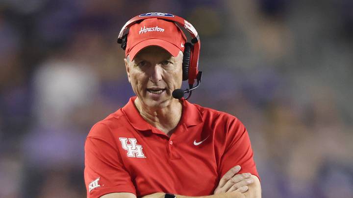 Oct 4, 2024; Fort Worth, Texas, USA; Houston Cougars head coach Willie Fritz walks on the field during a timeout in the game against the TCU Horned Frogs at Amon G. Carter Stadium. Mandatory Credit: Tim Heitman-Imagn Images Oct 4, 2024; Fort Worth, Texas, USA; Houston Cougars head coach Willie Fritz walks on the field during a timeout in the game against the TCU Horned Frogs at Amon G. Carter Stadium. Mandatory Credit: Tim Heitman-Imagn Images