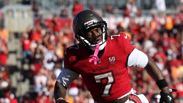Tampa Bay Buccaneers running back Bucky Irving (7) celebrates after a touchdown during the second half against the Arizona Cardinals 