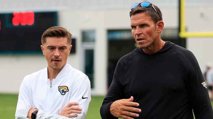 Jacksonville Jaguars general manager James Gladstone, left, and Executive Vice President of football operations Tony Boselli talk during the first day of NFL Training Camp at the Miller Electric Center on Wednesday, July 29, 2026, in Jacksonville, Fla.