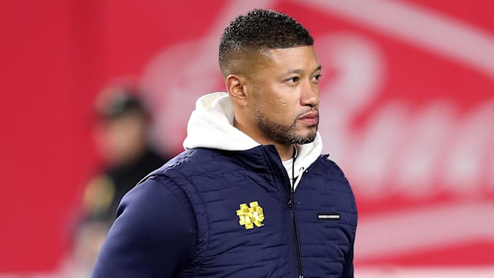 Nov 23, 2024; New York, New York, USA; Notre Dame Fighting Irish head coach Marcus Freeman walks the field before the first half against the Army Black Knights at Yankee Stadium. Nov 23, 2024; New York, New York, USA; Notre Dame Fighting Irish head coach Marcus Freeman walks the field before the first half against the Army Black Knights at Yankee Stadium.