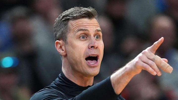 Mar 19, 2026; Greenville, SC, USA; Duke Blue Devils head coach Jon Scheyer reacts in the first half during a first round game of the men's 2026 NCAA Tournament at Bon Secours Wellness Arena. Mandatory Credit: Jim Dedmon-Imagn Images