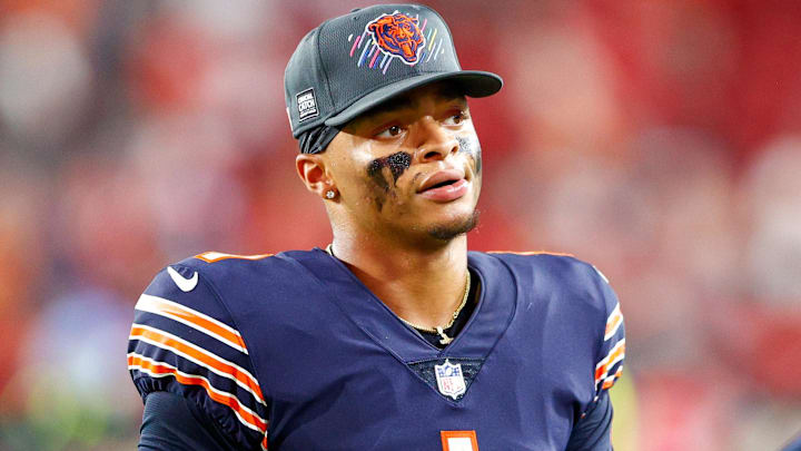 Former Chicago Bears quarterback Justin Fields (1) reacts after getting beaten by the Tampa Bay Buccaneers 38-3 at Raymond James Stadium.