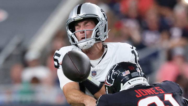 Aug 20, 2026; Houston, Texas, USA; Las Vegas Raiders quarterback Fernando Mendoza (15) attempts to pass the ball as Houston Texans defensive tackle Naquan Jones (91) applies defensve pressure during the second quarter at Reliant Stadium. Mandatory Credit: Troy Taormina-Imagn Images Aug 20, 2026; Houston, Texas, USA; Las Vegas Raiders quarterback Fernando Mendoza (15) attempts to pass the ball as Houston Texans defensive tackle Naquan Jones (91) applies defensve pressure during the second quarter at Reliant Stadium. Mandatory Credit: Troy Taormina-Imagn Images