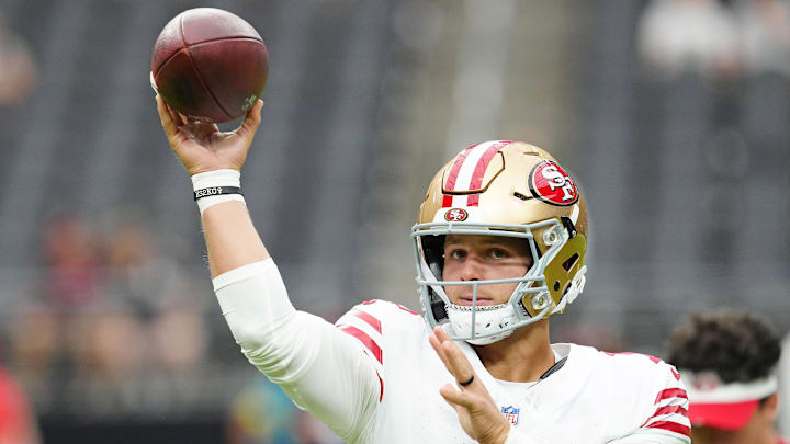 Aug 16, 2025; Paradise, Nevada, USA; San Francisco 49ers quarterback Brock Purdy (13) warms up before a preseason game against the Las Vegas Raiders at Allegiant Stadium. Mandatory Credit: Stephen R. Sylvanie-Imagn Images