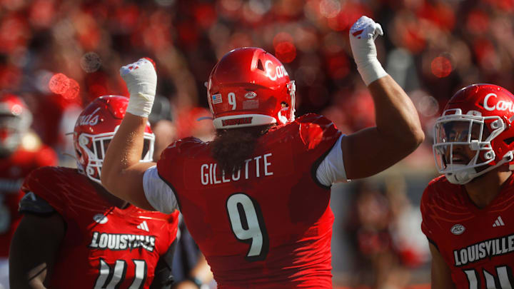 Louisville's Ashton Gillotte celebrates getting a sack against Boston College Saturday afternoon in L&N Stadium.