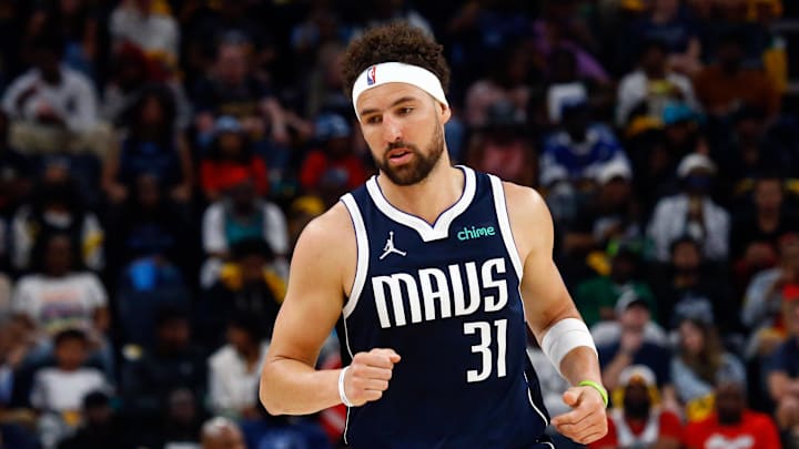 Apr 18, 2025; Memphis, Tennessee, USA; Dallas Mavericks guard Klay Thompson (31) reacts during the third quarter against the Memphis Grizzlies at FedExForum. Mandatory Credit: Petre Thomas-Imagn Images