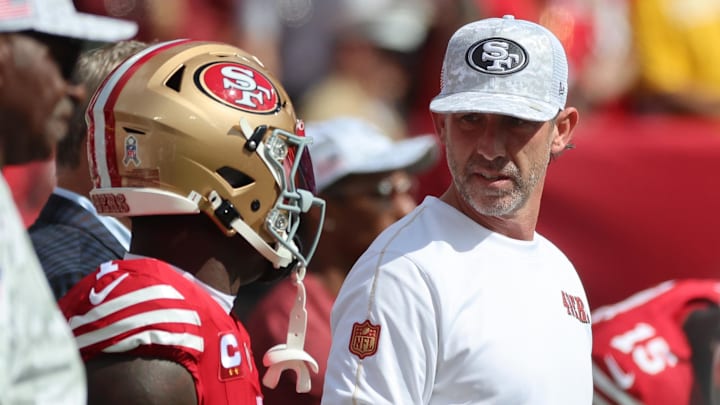 Nov 10, 2024; Tampa, Florida, USA; San Francisco 49ers head coach Kyle Shanahan and wide receiver Deebo Samuel Sr. (1) against the Tampa Bay Buccaneers prior to the game at Raymond James Stadium. Mandatory Credit: Kim Klement Neitzel-Imagn Images