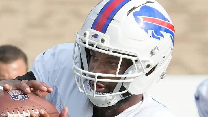 Bills defensive back Christian Benford pulls in a pass during position drills during day six of Buffalo Bills training camp at St. John Fisher University Thursday, August 5, 2026 in Pittsford.