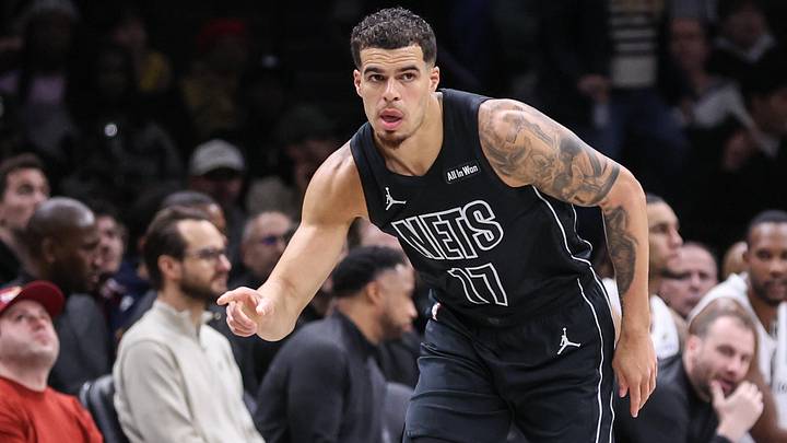 Mar 1, 2026; Brooklyn, New York, USA; Brooklyn Nets forward Michael Porter Jr. (17) gestures after making a three point shot in the first quarter against the Cleveland Cavaliers at Barclays Center. Mandatory Credit: Wendell Cruz-Imagn Images