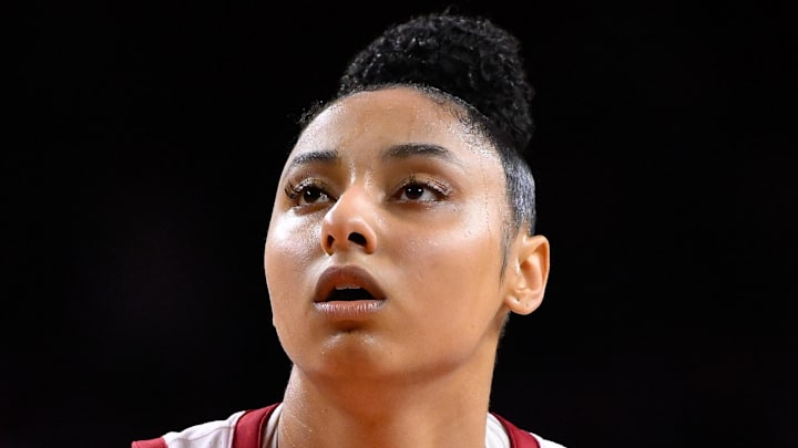Feb 8, 2025; Los Angeles, California, USA; USC Trojans guard JuJu Watkins (12) shoots a free throw during the fourth quarter against the Ohio State Buckeyes at Galen Center. Mandatory Credit: Robert Hanashiro-Imagn Images