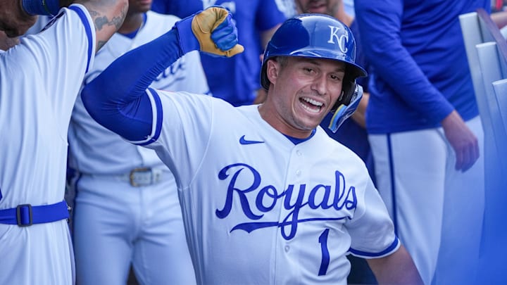 Mar 30, 2026; Kansas City, Missouri, USA; Kansas City Royals left fielder Isaac Collins (1) celebrates in the dugout after hitting a solo home run against the Minnesota Twins in the seventh inning at Kauffman Stadium. Mandatory Credit: Denny Medley-Imagn Images