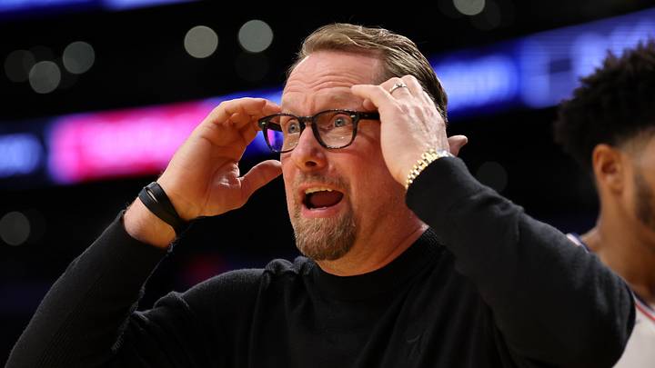 Mar 22, 2024; Los Angeles, California, USA;  Philadelphia 76ers head coach Nick Nurse reacts to a call during the second half against the Los Angeles Lakers at Crypto.com Arena. Mandatory Credit: Kiyoshi Mio-USA TODAY Sports