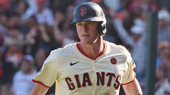 Sep 28, 2024; San Francisco, California, USA; San Francisco Giants infielder Tyler Fitzgerald (49) reacts after scoring the go-ahead run against the St. Louis Cardinals during the eighth inning at Oracle Park