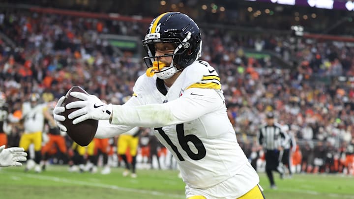 Dec 28, 2025; Cleveland, Ohio, USA; Pittsburgh Steelers wide receiver Adam Thielen (16) runs with the ball after a catch in the fourth quarter against the Cleveland Browns at Huntington Bank Field. Mandatory Credit: Scott Galvin-Imagn Images