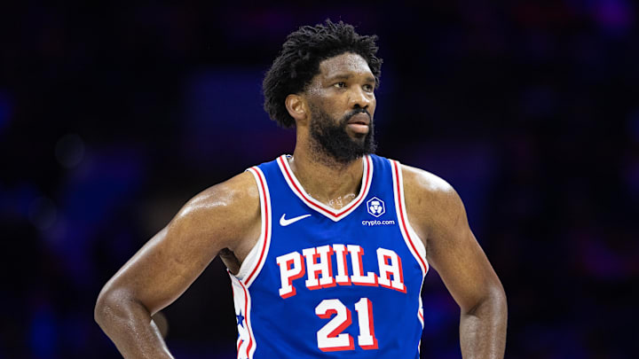 Feb 20, 2025; Philadelphia, Pennsylvania, USA; Philadelphia 76ers center Joel Embiid (21) looks on during the third quarter against the Boston Celtics at Wells Fargo Center. Mandatory Credit: Bill Streicher-Imagn Images Feb 20, 2025; Philadelphia, Pennsylvania, USA; Philadelphia 76ers center Joel Embiid (21) looks on during the third quarter against the Boston Celtics at Wells Fargo Center. Mandatory Credit: Bill Streicher-Imagn Images
