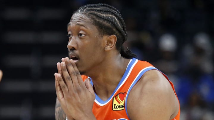 Jan 9, 2026; Memphis, Tennessee, USA; Oklahoma City Thunder guard Jalen Williams (8) reacts during the second quarter against the Memphis Grizzlies at FedExForum. Mandatory Credit: Petre Thomas-Imagn Images