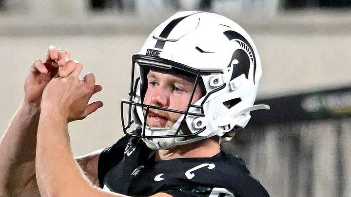 Michigan State's Ryan Eckley mimics a golf swing after a deep punt against Boston College during the fourth quarter on Saturday, Sept. 6, 2025, at Spartan Stadium in East Lansing.