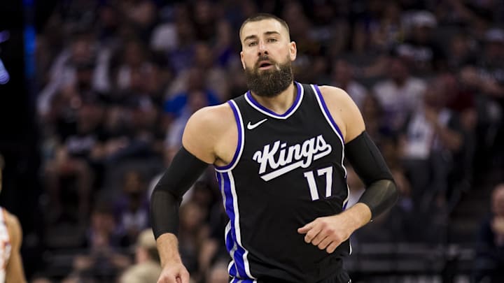 Apr 13, 2025; Sacramento, California, USA;  Sacramento Kings center Jonas Valanciunas (17) runs down the court during the fourth quarter against the Phoenix Suns at Golden 1 Center. 