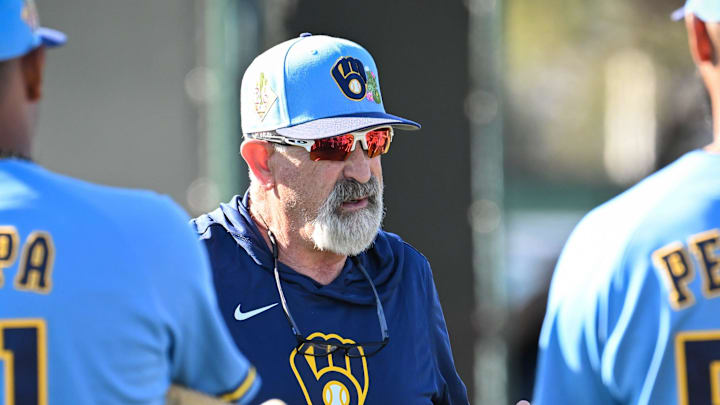 Nashville Sounds manager Rick Sweet talks with pitchers Angel Zerpa and Sammy Peralta during spring training workouts Saturday, February 14, 2026, at American Family Fields of Phoenix in Phoenix, Arizona.