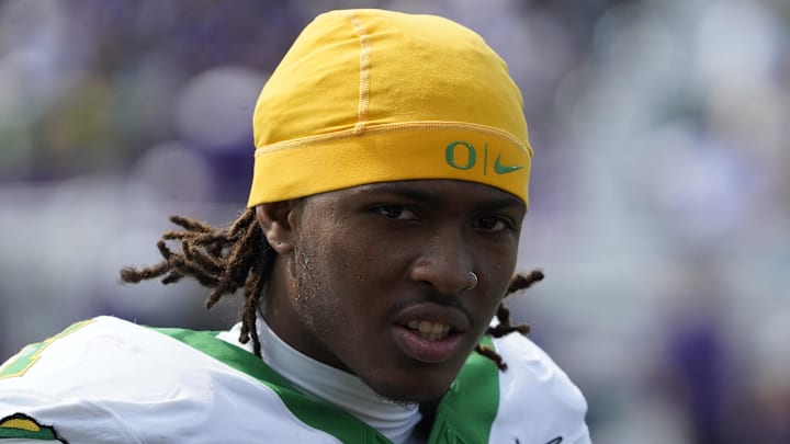Sep 13, 2025; Evanston, Illinois, USA; Headshot of Oregon Ducks wide receiver Dakorien Moore (1)  against the Northwestern Wildcats during the second half at Northwestern Medicine Field at Martin Stadium. Mandatory Credit: David Banks-Imagn Images