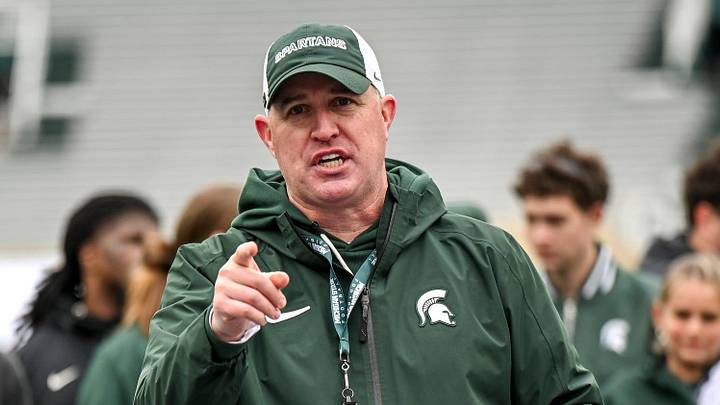 Michigan State's head coach Pat Fitzgerald addresses the team at the end of the football Spring Showcase on Saturday, April 18, 2026, at Spartan Stadium in East Lansing.