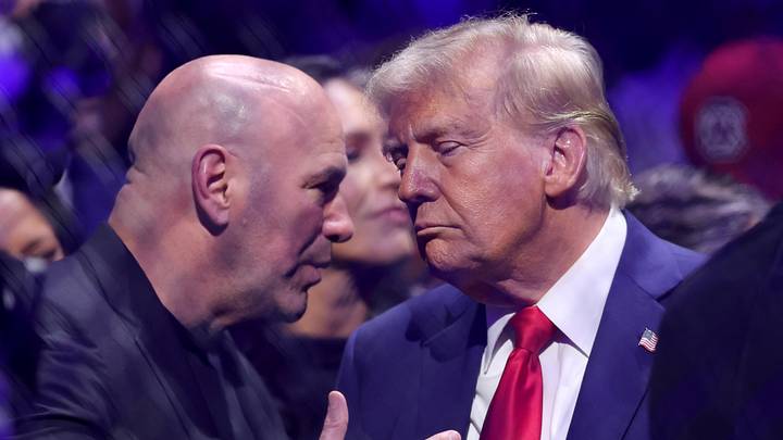 Nov 16, 2024; New York, NY, USA; UFC CEO Dana White (left) talks to President-elect Donald Trump ringside during UFC 309 at Madison Square Garden. Mandatory Credit: Brad Penner-Imagn Images