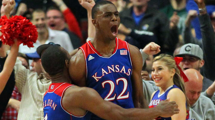Nov 12, 2013; Chicago, IL, USA; Kansas Jayhawks guard Andrew Wiggins (22) is congratulated for scoring by guard Wayne Selden, Jr. (1) in the second half against the Duke Blue Devils at United Center. Kansas won 94-83. Mandatory Credit: Dennis Wierzbicki-Imagn Images Nov 12, 2013; Chicago, IL, USA; Kansas Jayhawks guard Andrew Wiggins (22) is congratulated for scoring by guard Wayne Selden, Jr. (1) in the second half against the Duke Blue Devils at United Center. Kansas won 94-83. Mandatory Credit: Dennis Wierzbicki-Imagn Images