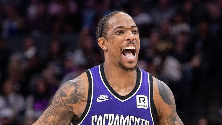 Jan 19, 2025; Sacramento, California, USA; Sacramento Kings forward DeMar DeRozan (10) reacts to a missed shot against the Washington Wizards during the fourth quarter at Golden 1 Center. Mandatory Credit: Ed Szczepanski-Imagn Images