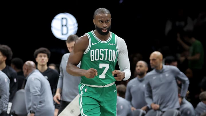 Nov 18, 2025; Brooklyn, New York, USA; Boston Celtics guard Jaylen Brown (7) reacts during the fourth quarter against the Brooklyn Nets at Barclays Center. Mandatory Credit: Brad Penner-Imagn Images
