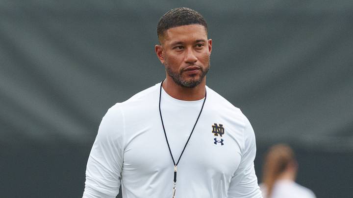 Head coach Marcus Freeman during a Notre Dame football practice at Irish Athletic Center. Head coach Marcus Freeman during a Notre Dame football practice at Irish Athletic Center.