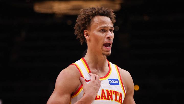 Nov 4, 2025; Atlanta, Georgia, USA; Atlanta Hawks guard Dyson Daniels (5) reacts to a call against the Orlando Magic in the third quarter at State Farm Arena. Mandatory Credit: Brett Davis-Imagn Images