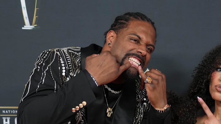 Feb 6, 2025; New Orleans, LA, USA;  Cameron Jordan and MJ Acosta-Ruiz on the red carpet before Super Bowl LIX NFL Honors at Saenger Theatre. Mandatory Credit: Kirby Lee-Imagn Images