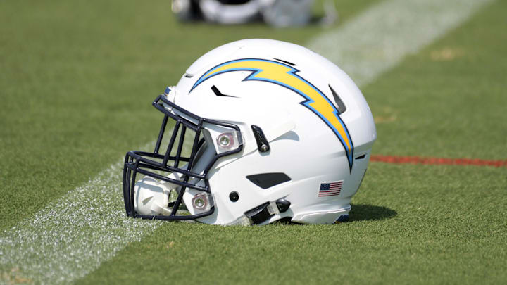 Jul 29, 2018; Costa Mesa, CA, USA; Los Angeles Chargers helmets on the field during training camp at Jack R. Hammett Sports Complex. Mandatory Credit: Kirby Lee-Imagn Images
