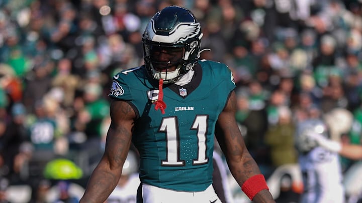 Dec 14, 2025; Philadelphia, Pennsylvania, USA; Philadelphia Eagles wide receiver A.J. Brown (11) reacts after an unsuccessful play against the Las Vegas Raiders during the second quarter at Lincoln Financial Field. Mandatory Credit: Bill Streicher-Imagn Images Dec 14, 2025; Philadelphia, Pennsylvania, USA; Philadelphia Eagles wide receiver A.J. Brown (11) reacts after an unsuccessful play against the Las Vegas Raiders during the second quarter at Lincoln Financial Field. Mandatory Credit: Bill Streicher-Imagn Images